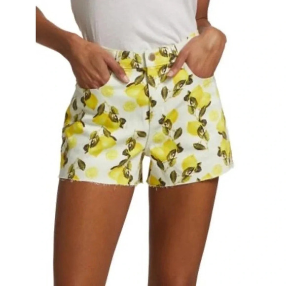 NWT $210 L'AGENCE Audrey Mid-Rise Lemon Shorts - Cut-Off Printed Denim - Picture 1 of 9